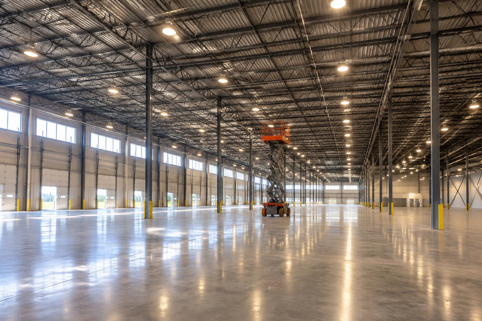High-bay lighting installed across a large commercial warehouse