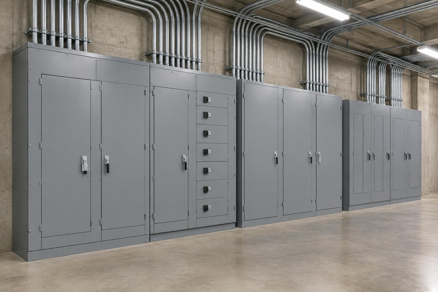 A commercial electrical room with switchgear and parallel conduit runs