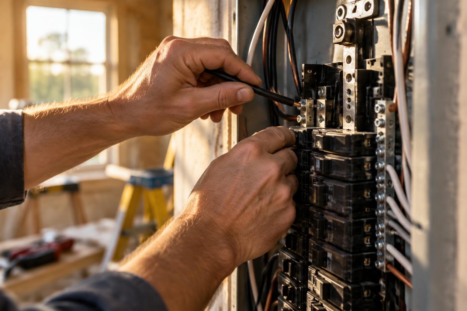 An electrician landing conductors inside an open electrical panel
