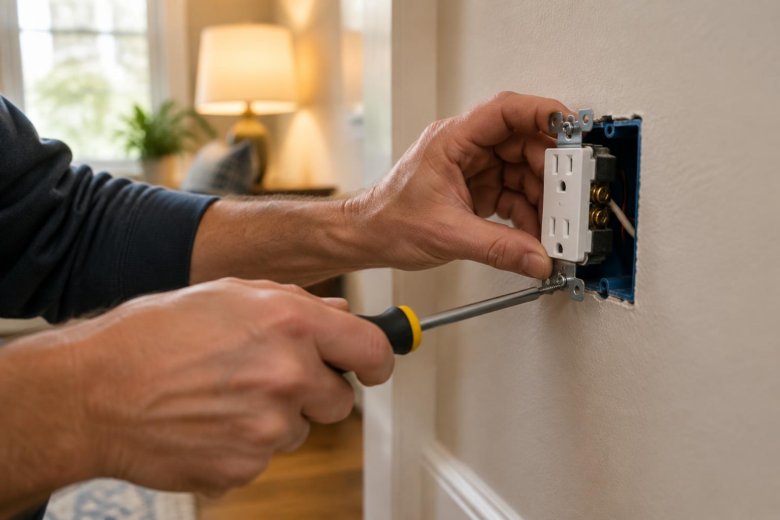 An electrician installing a receptacle into a wall box in a finished home