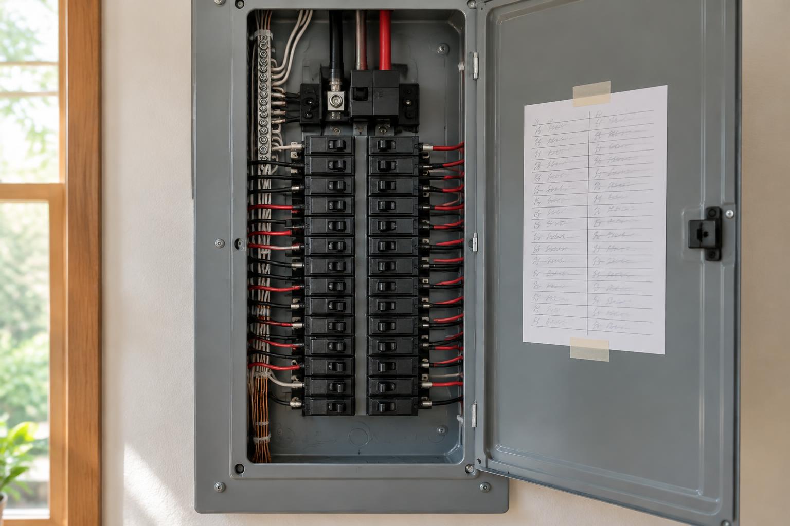 A residential electrical panel with breakers neatly installed and labeled